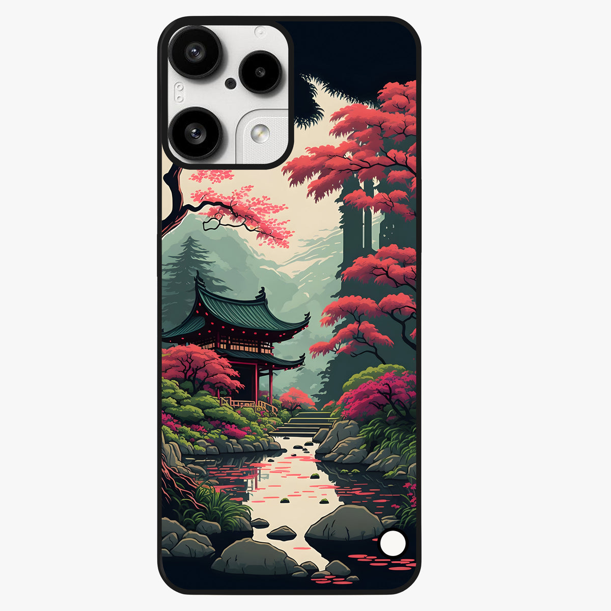 Crimson Temple View Glass Case showing flat back view with temple inspired artwork and glossy glass finish.