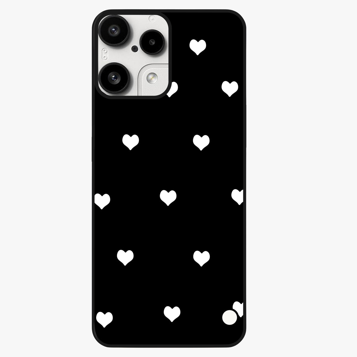Cute And Simple White Hearts Glass Case showing flat back view with minimal white heart pattern and glossy glass finish.