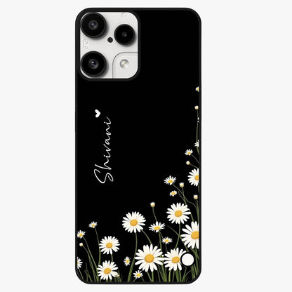 Daisy Cascade Custom Name Glass Case showing flat back view with cascading daisy flowers and personalized name design.
