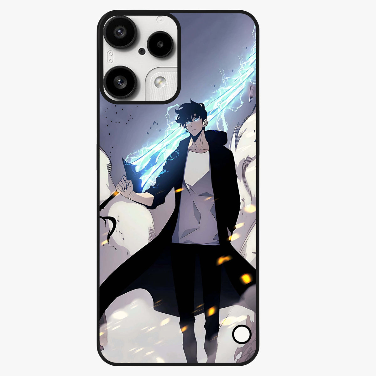 Dark Lightning Anime Warrior Glass Case showing flat back view with intense anime warrior artwork and glossy glass finish.