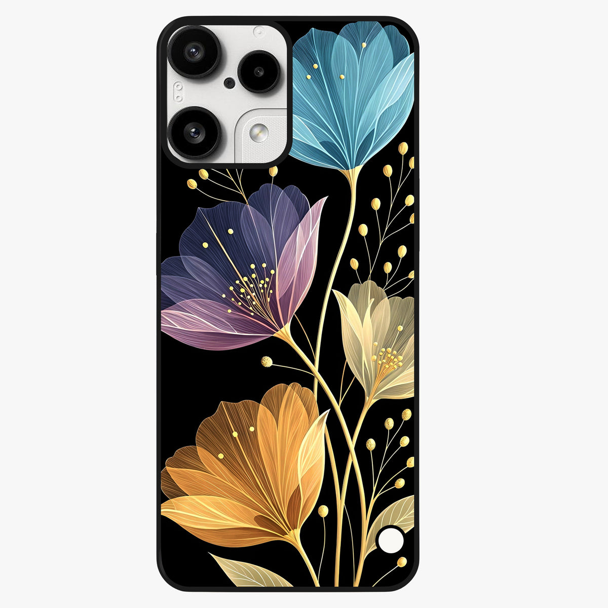 Delicate Multicolor Flowers Glass Case showing flat back view with vibrant floral artwork and glossy glass finish.