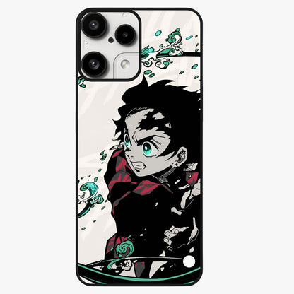 Demon Slayer Glass Case showing flat back view with bold anime inspired artwork and glossy glass finish.