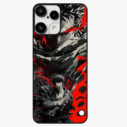 Demon Sword Resolve Glass Case showing flat back view with fierce sword warrior artwork and glossy glass finish.