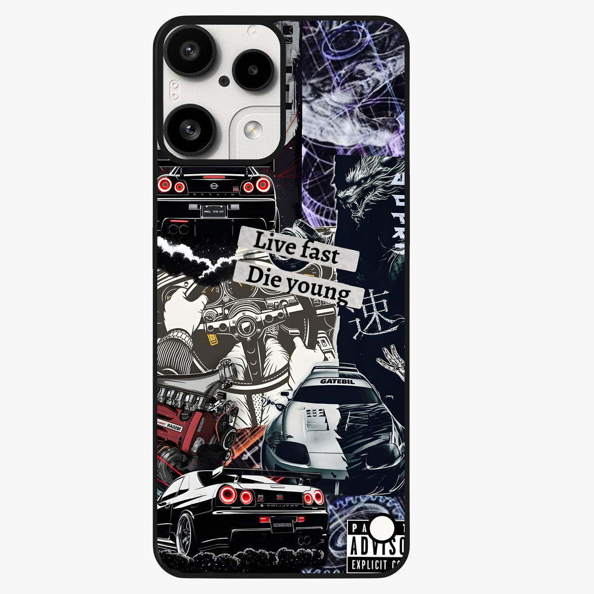 Die Young Glass Case showing flat back view with bold artistic typography design and glossy glass finish.