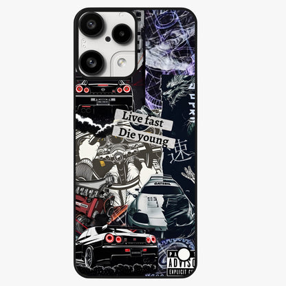 Die Young Glass Case showing flat back view with bold artistic typography design and glossy glass finish.