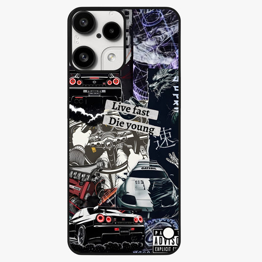 Die Young Glass Case showing flat back view with bold artistic typography design and glossy glass finish.
