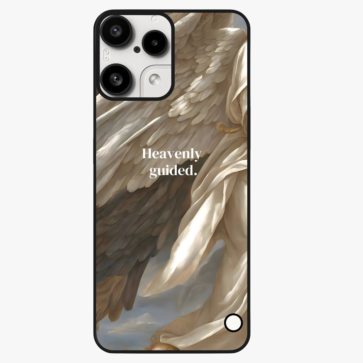Divine Winged Grace Glass Case showing flat back view with elegant wing inspired artwork and glossy glass finish.