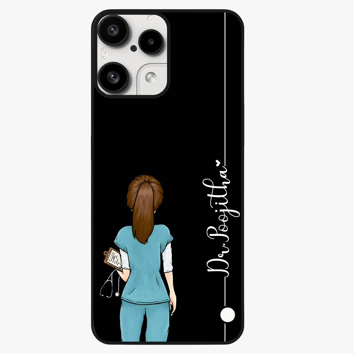 Doctor Pattern Custom Name Glass Case showing flat back view with medical themed pattern and personalized name design.