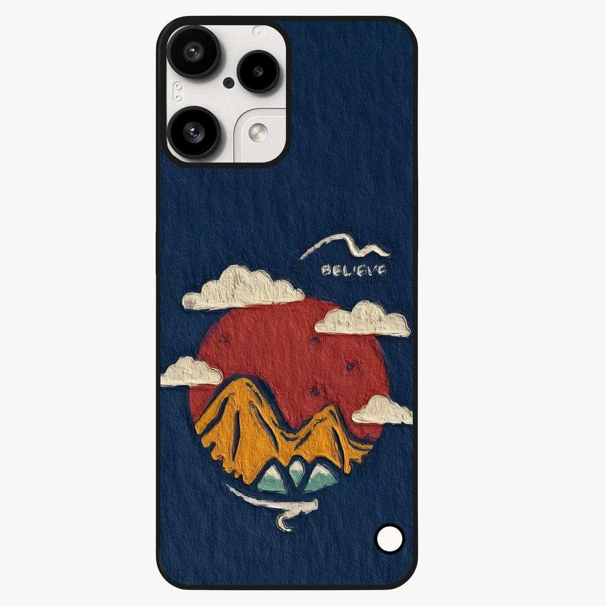 Dream Beyond Mountains Glass Case showing flat back view with scenic mountain landscape artwork and glossy glass finish.