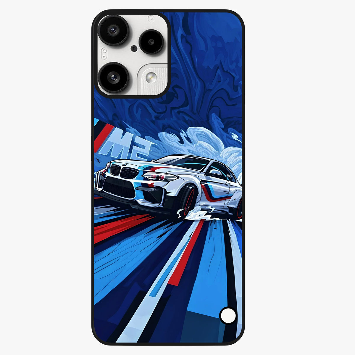 Drift Power Rush Glass Case showing flat back view with dynamic racing inspired artwork and glossy glass finish.