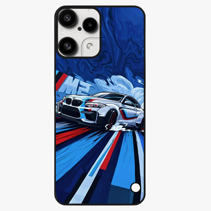 Drift Power Rush Glass Case showing flat back view with dynamic racing inspired artwork and glossy glass finish.