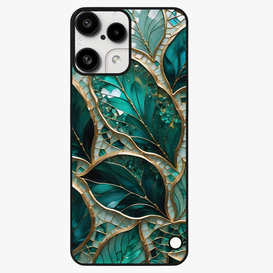 Emerald Leaf Glass Glass Case showing flat back view with emerald green leaf artwork and glossy glass finish.