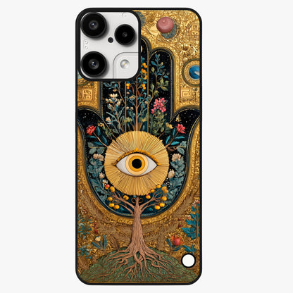 Ethereal Evil Eye Glass Case showing flat back view with mystical evil eye artwork and glossy glass finish.