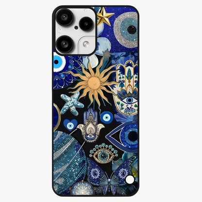 Evil Eye Charm Mix Glass Case showing flat back view with multiple evil eye charms artwork and glossy glass finish.