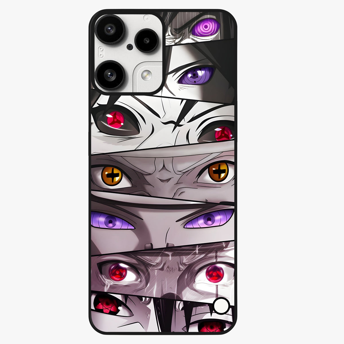 Eyes of Destiny Glass Case showing flat back view with striking eye themed artwork and glossy glass finish.