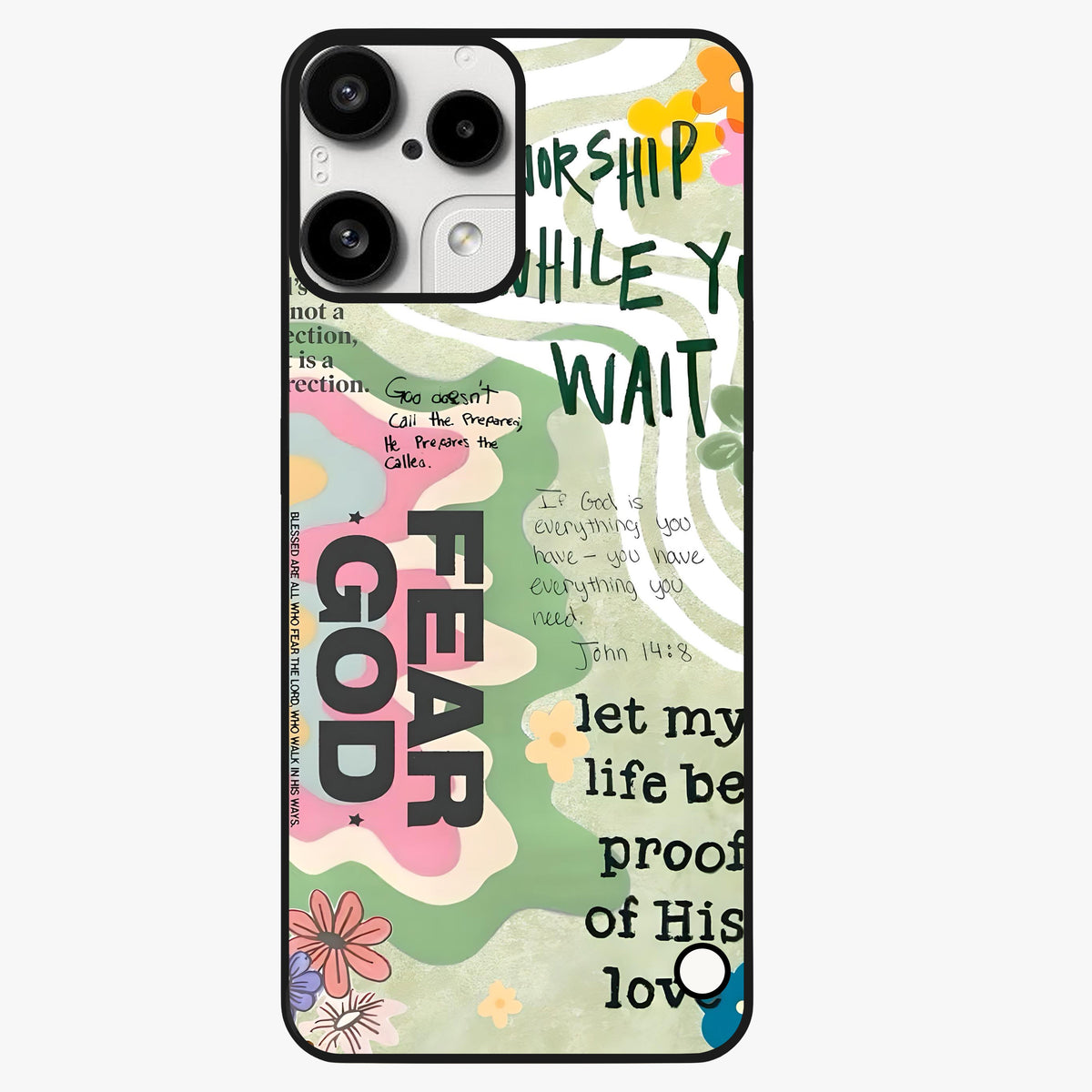 Faith Over Fear Glass Case showing flat back view with motivational typography artwork and glossy glass finish.