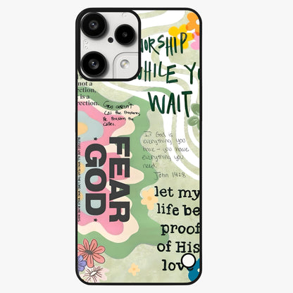 Faith Over Fear Glass Case showing flat back view with motivational typography artwork and glossy glass finish.