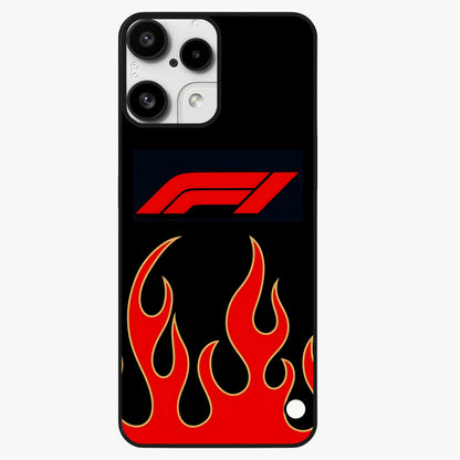 Fire F11 Glass Case showing flat back view with fiery themed artwork and glossy glass finish.