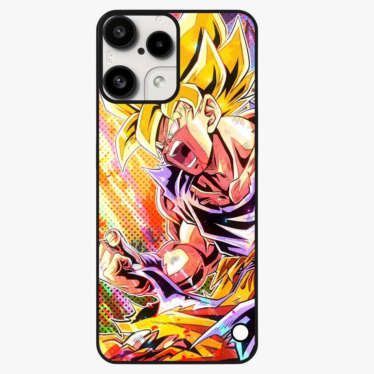 Firing Goku Glass Case showing flat back view with powerful anime inspired artwork and glossy glass finish.