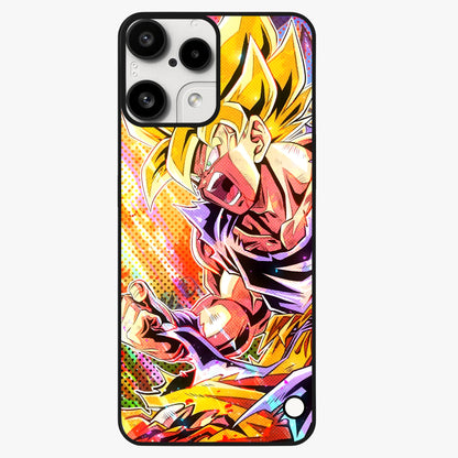 Firing Goku Glass Case showing flat back view with powerful anime inspired artwork and glossy glass finish.