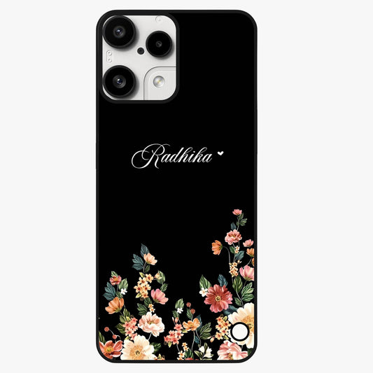 Floral Design With a Custom Personalized Name Glass Case showing flat back view with floral artwork and personalized name design.