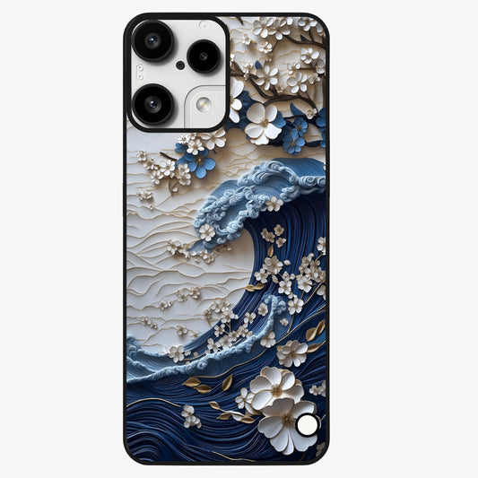 Floral Wave Origami Glass Case showing flat back view with origami inspired floral wave artwork and glossy glass finish.