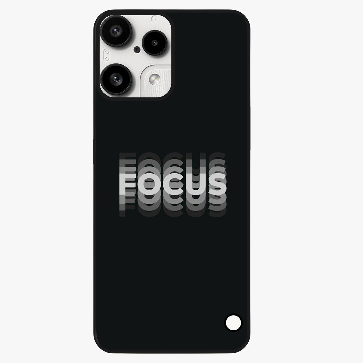 Focus Mode On Glass Case showing flat back view with bold motivational typography design and glossy glass finish.