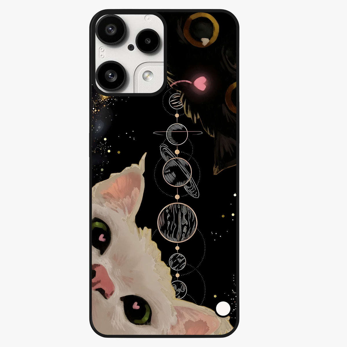 Galactic Cat Glass Case showing flat back view with cosmic cat artwork and glossy glass finish.