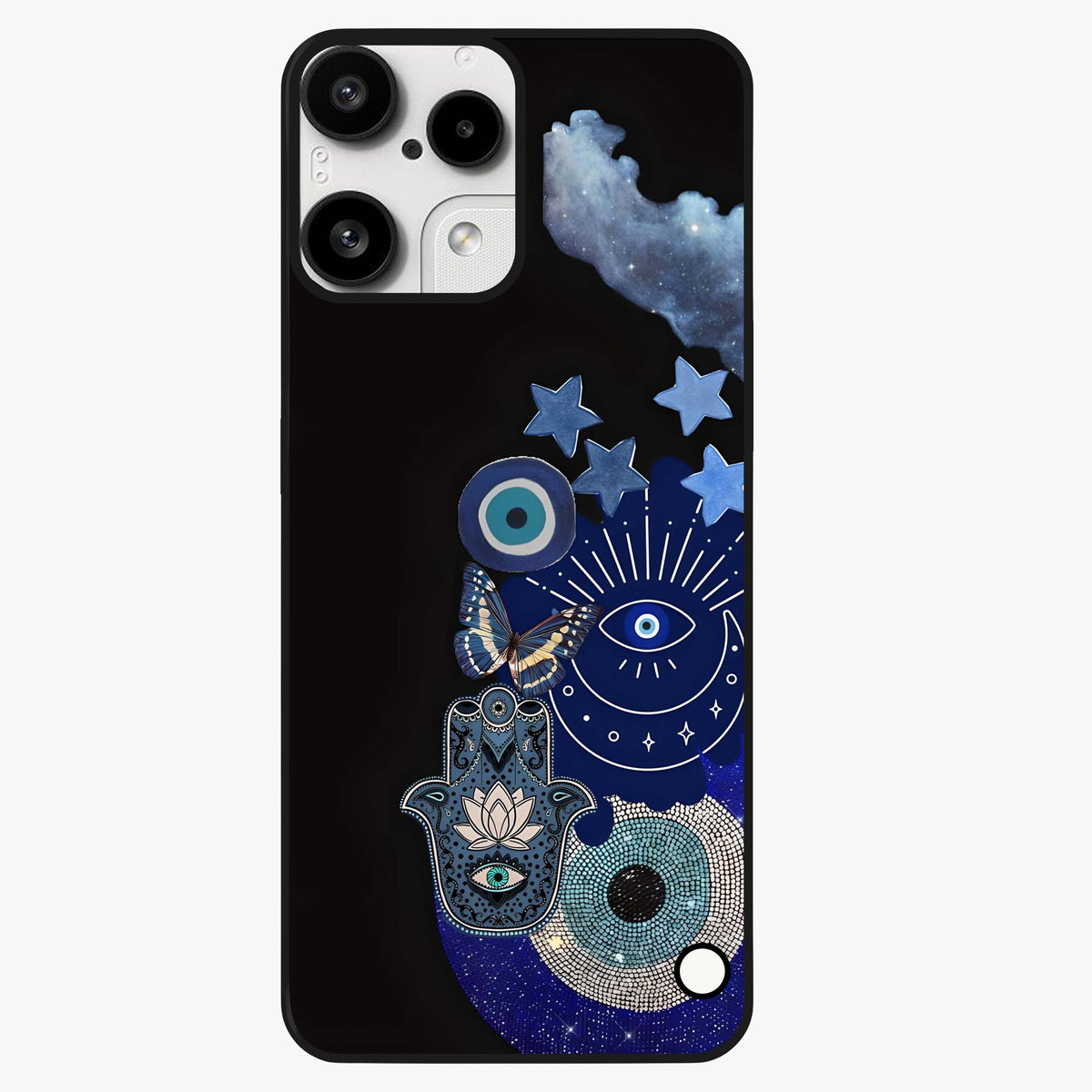 Galactic Charm Cluster Glass Case showing flat back view with glowing celestial charm artwork and glossy glass finish.
