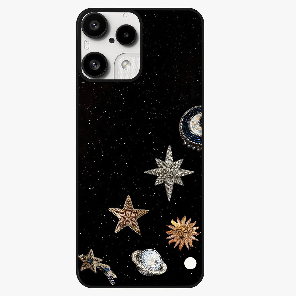 Galactic Charm Glow Glass Case showing flat back view with glowing celestial charm artwork and glossy glass finish.