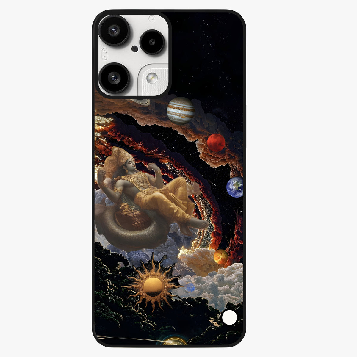 Galactic Divine God Glass Case showing flat back view with divine cosmic themed artwork and glossy glass finish.