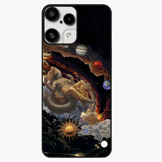 Galactic Divine God Glass Case showing flat back view with divine cosmic themed artwork and glossy glass finish.