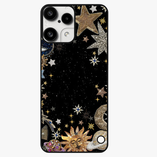 Galactic Jewel Stars Glass Case showing flat back view with sparkling star jewel artwork and glossy glass finish.