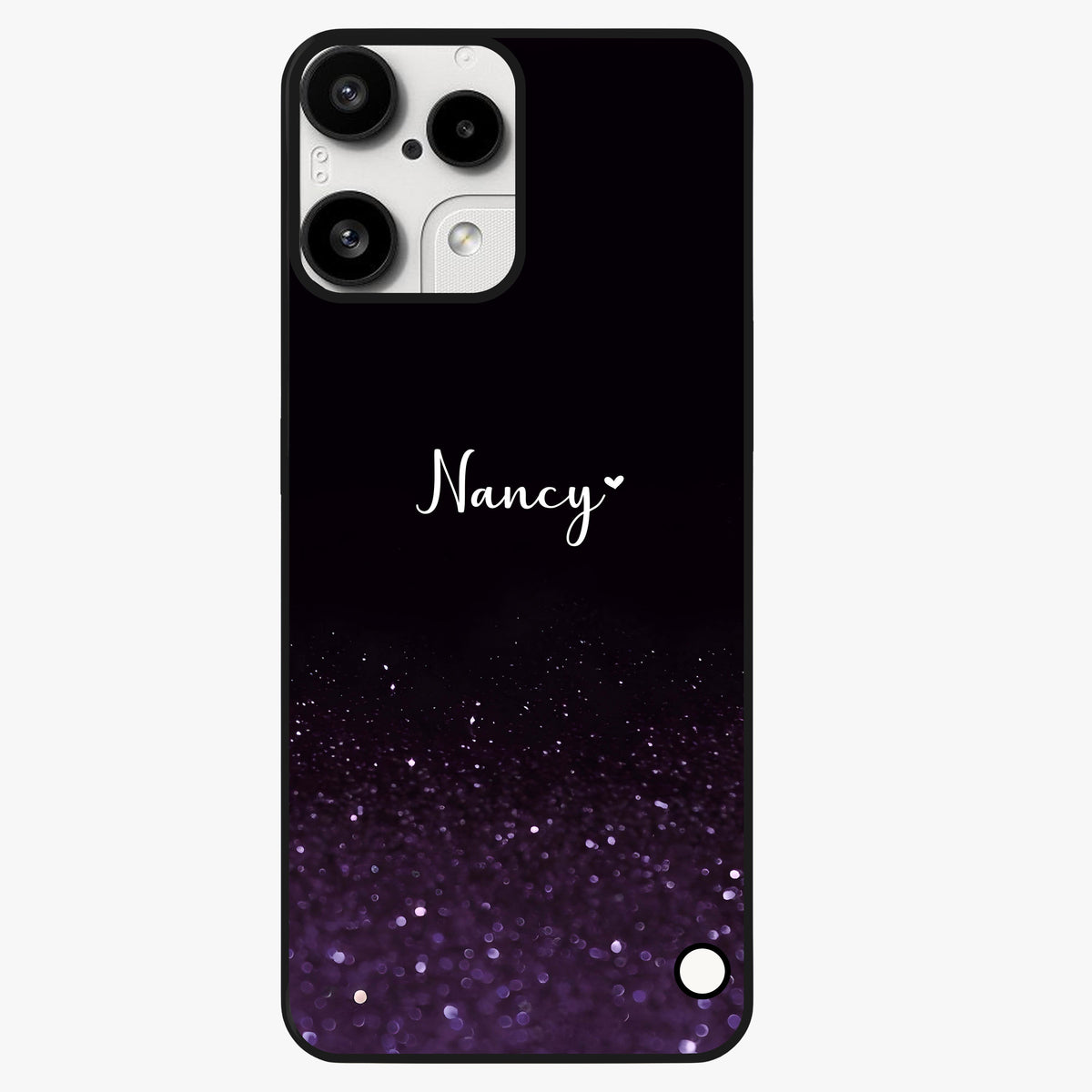 Glittery Purple Bokeh Custom Name Glass Case showing flat back view with purple bokeh sparkle artwork and personalized name design.