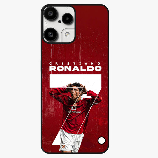 Goal Celebration Legacy Glass Case showing flat back view with football celebration inspired artwork and glossy glass finish.