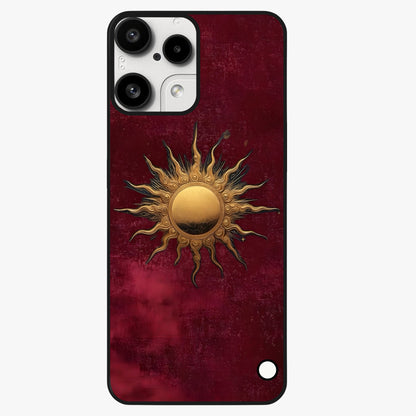 Gold Sun Blush Glass Case showing flat back view with golden sun inspired artwork and glossy glass finish.