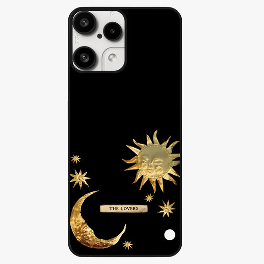 Golden Celestial Charm Glass Case showing flat back view with golden celestial charm artwork and glossy glass finish.