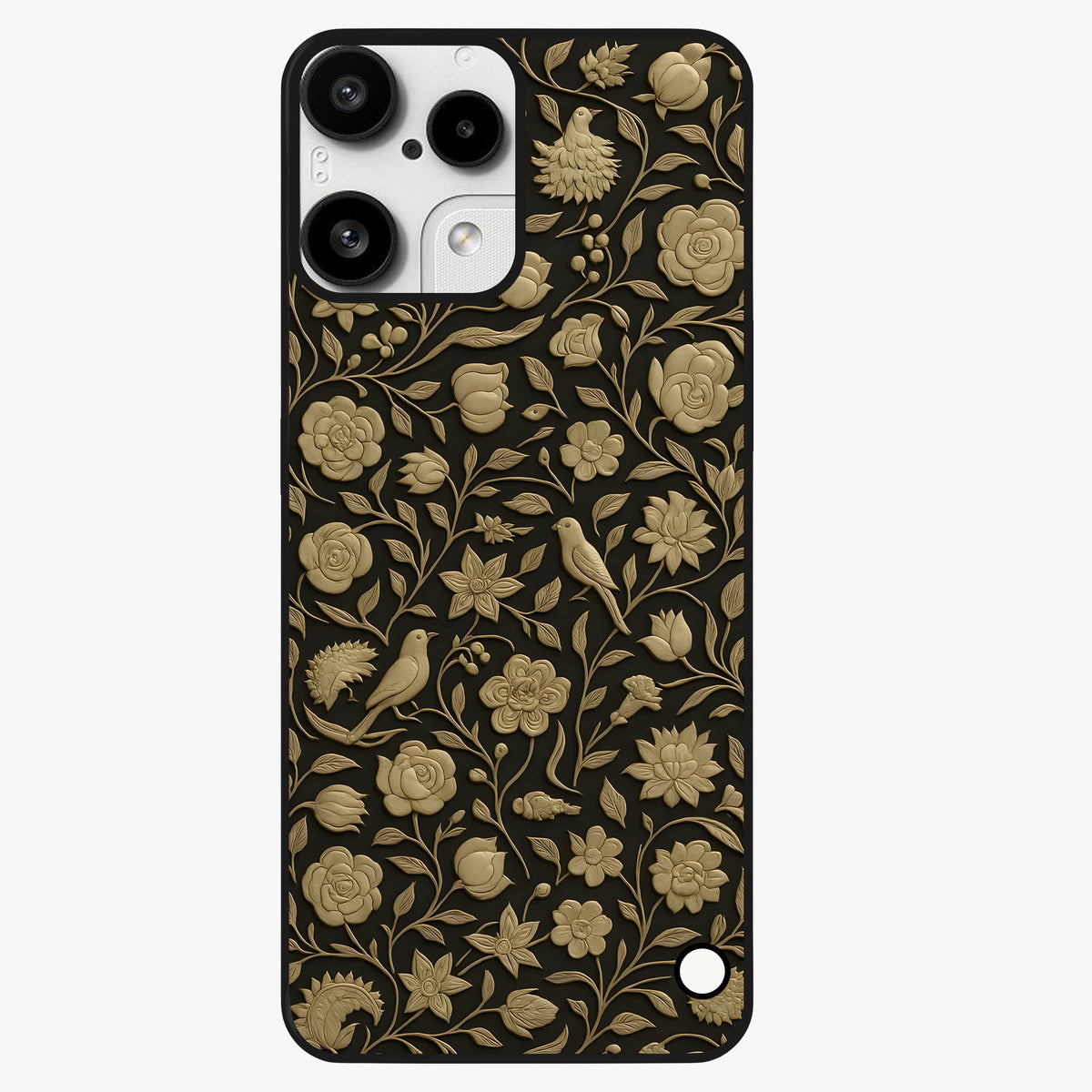 Golden Floral Majesty Glass Case showing flat back view with luxurious golden floral artwork and glossy glass finish.