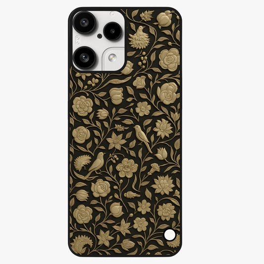 Golden Floral Majesty Glass Case showing flat back view with luxurious golden floral artwork and glossy glass finish.