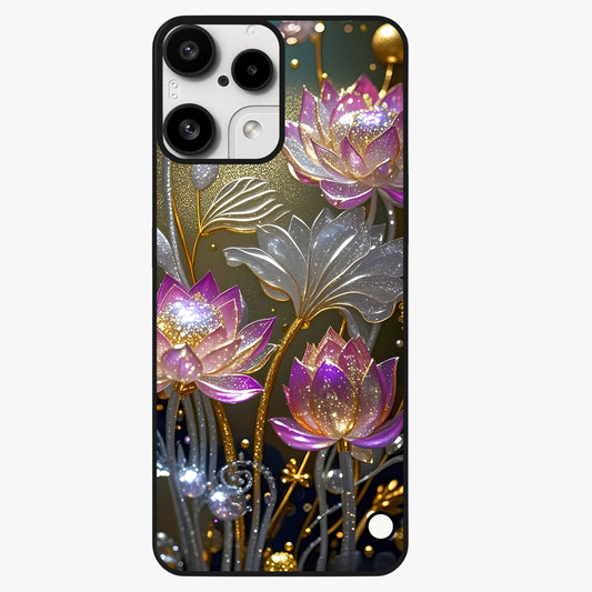 Golden Lotus Glow Glass Case showing flat back view with glowing lotus flower artwork and glossy glass finish.