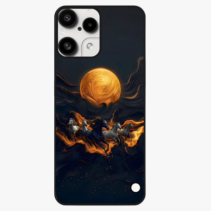 Golden Stallion Moonride Glass Case showing flat back view with majestic horse under moonlight artwork and glossy glass finish.
