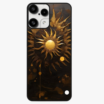 Golden Sun Majesty Glass Case showing flat back view with radiant golden sun artwork and glossy glass finish.