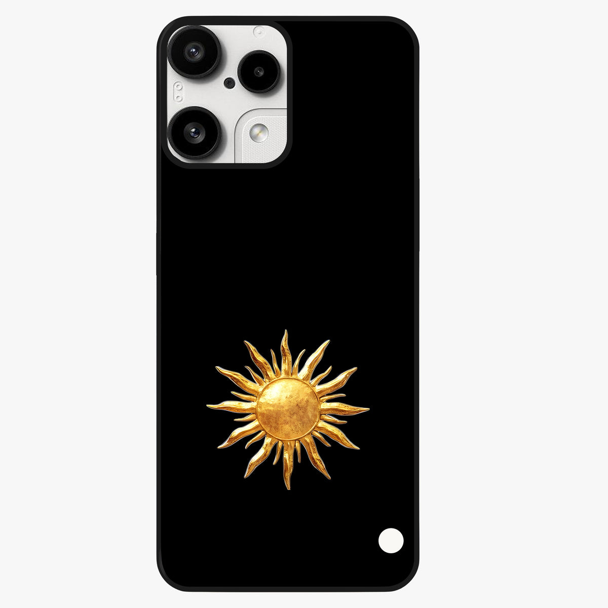 Golden Sun Minimalism Glass Case showing flat back view with minimal golden sun artwork and glossy glass finish.