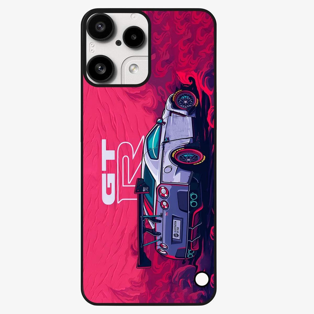 GT-R Car Pattern Glass Case showing flat back view with sporty car inspired pattern artwork and glossy glass finish.