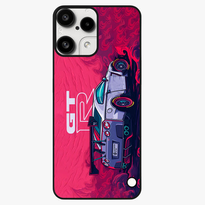 GT-R Car Pattern Glass Case showing flat back view with sporty car inspired pattern artwork and glossy glass finish.