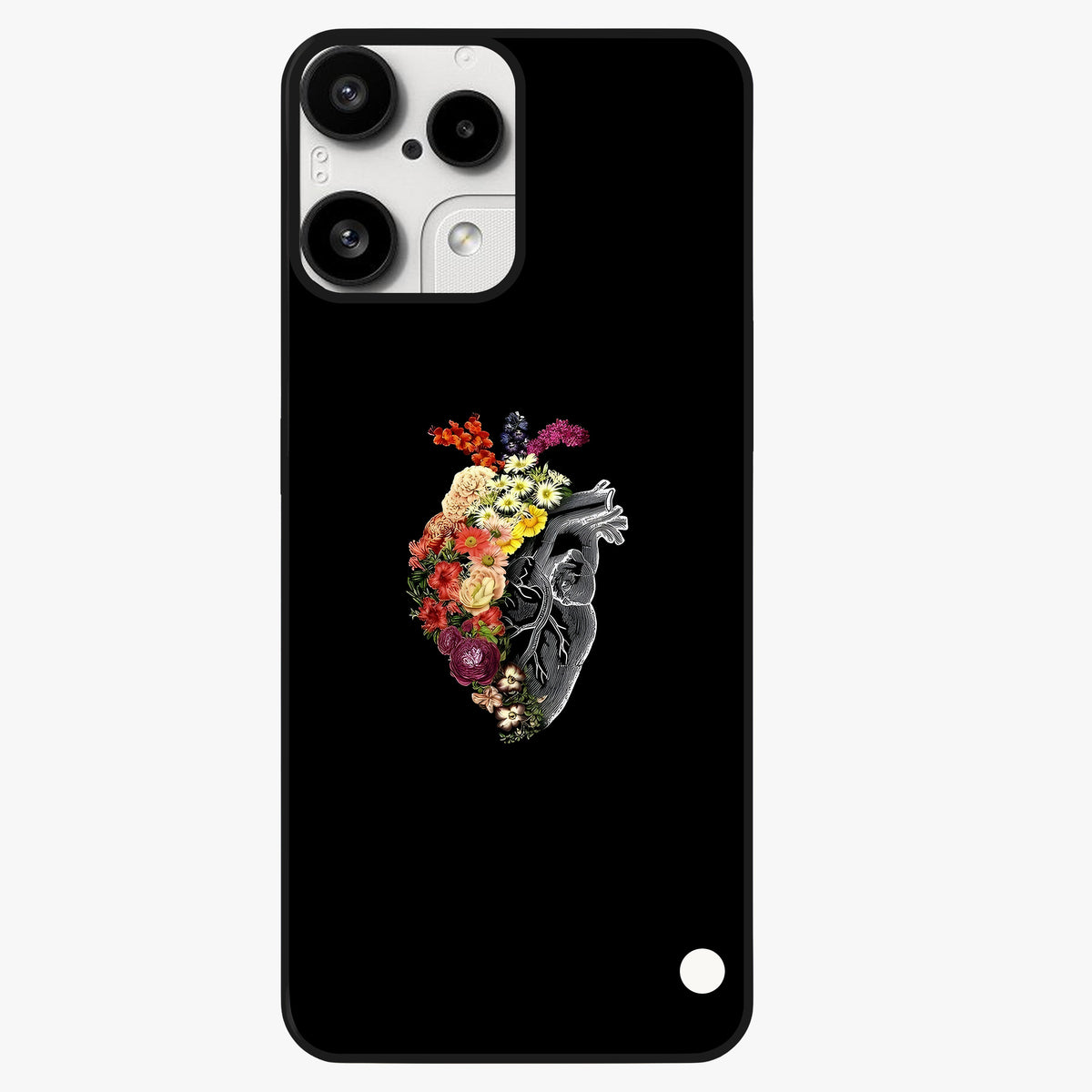 Heart With Flowers Glass Case showing flat back view with heart shaped floral artwork and glossy glass finish.