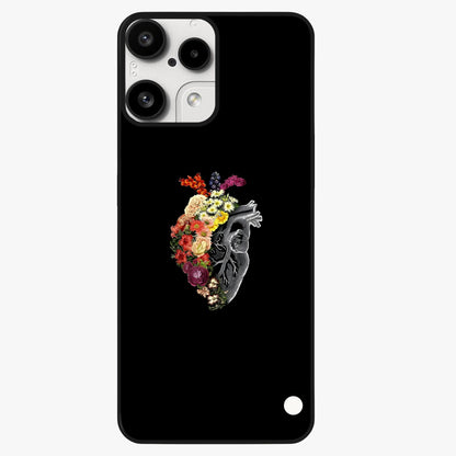 Heart With Flowers Glass Case showing flat back view with heart shaped floral artwork and glossy glass finish.