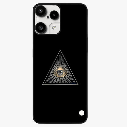 Illuminati Evil Glass Case showing flat back view with mysterious illuminati symbol artwork and glossy glass finish.