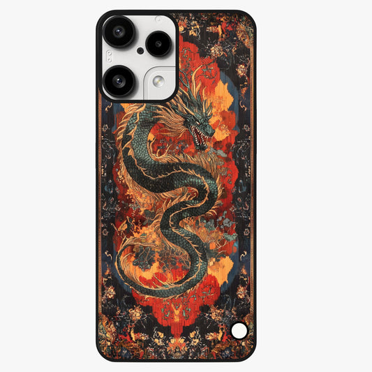 Inferno Dragon Soul Glass Case showing flat back view with fiery dragon artwork and glossy glass finish.