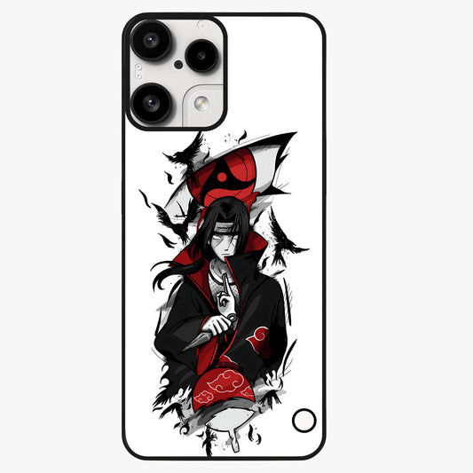 Itachi Sharingan Glass Case showing flat back view with powerful anime eye artwork and glossy glass finish.